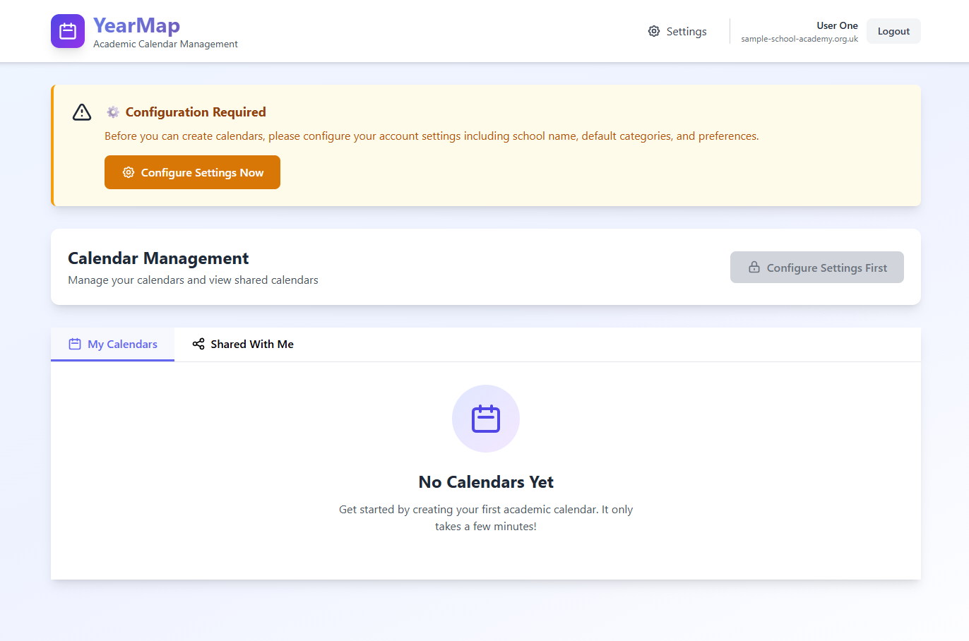 Dashboard - new account, no calendars yet