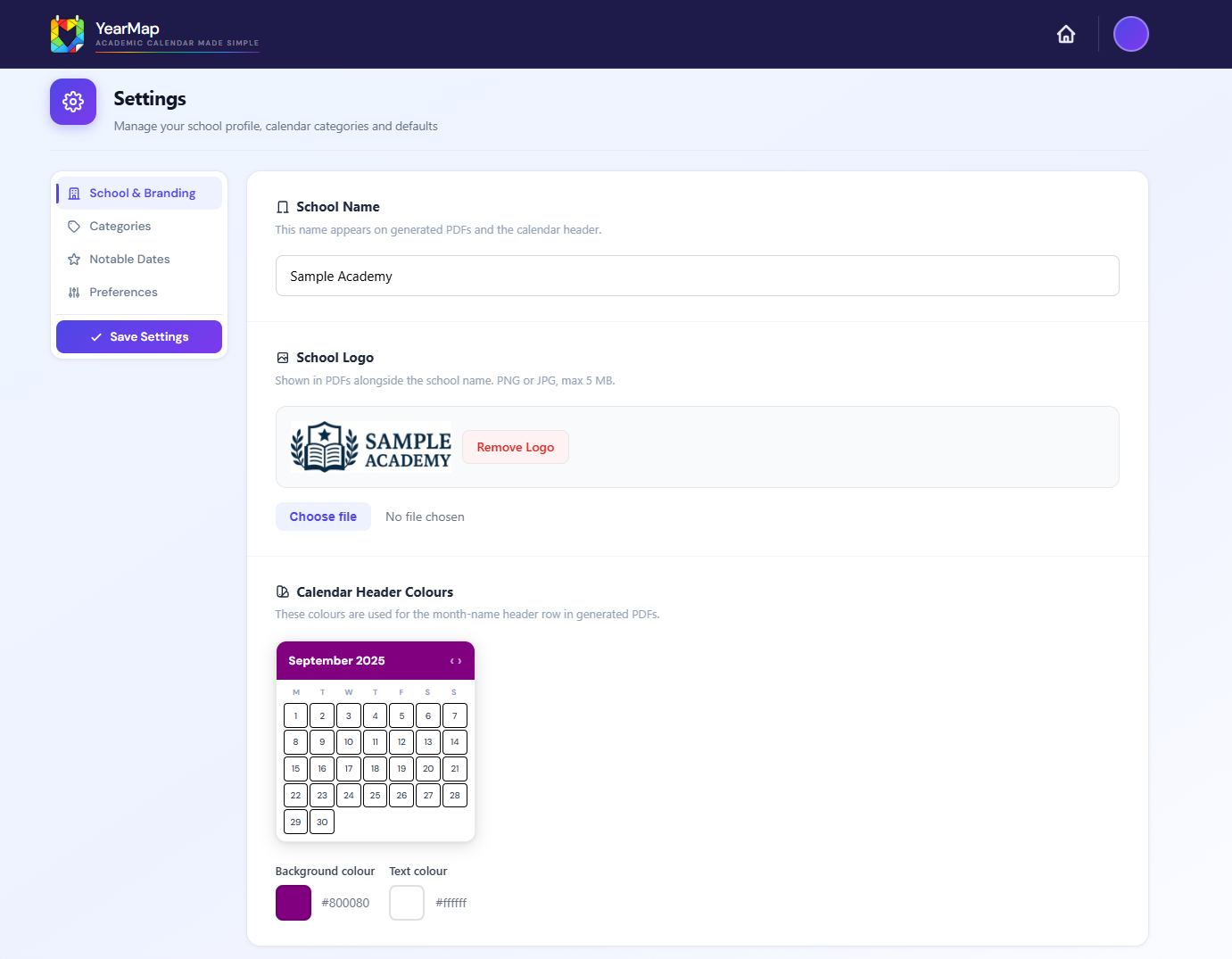 Settings - School & Branding