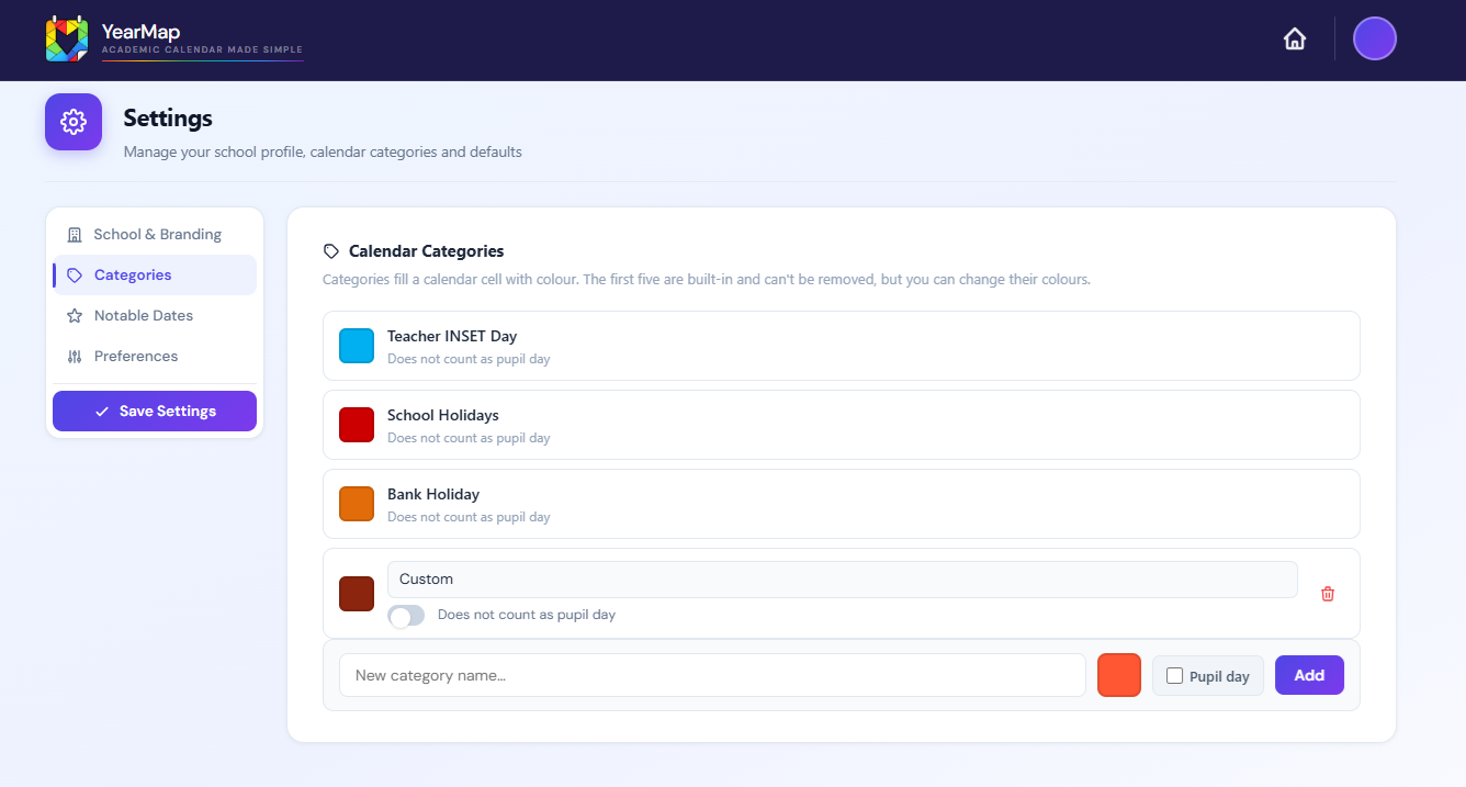 Settings - Categories