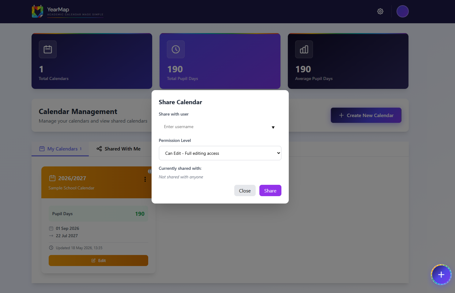 Share Calendar dialog