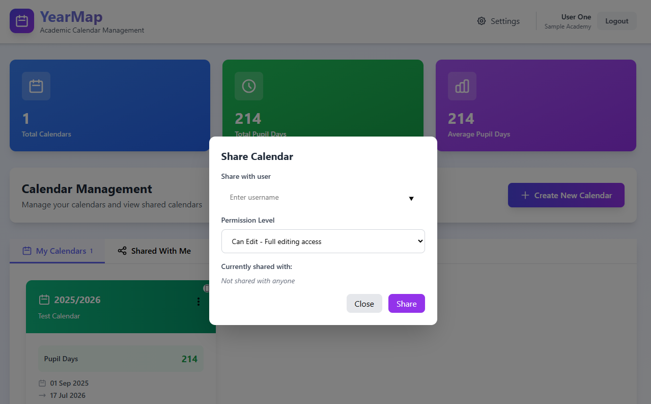 Share Calendar dialog